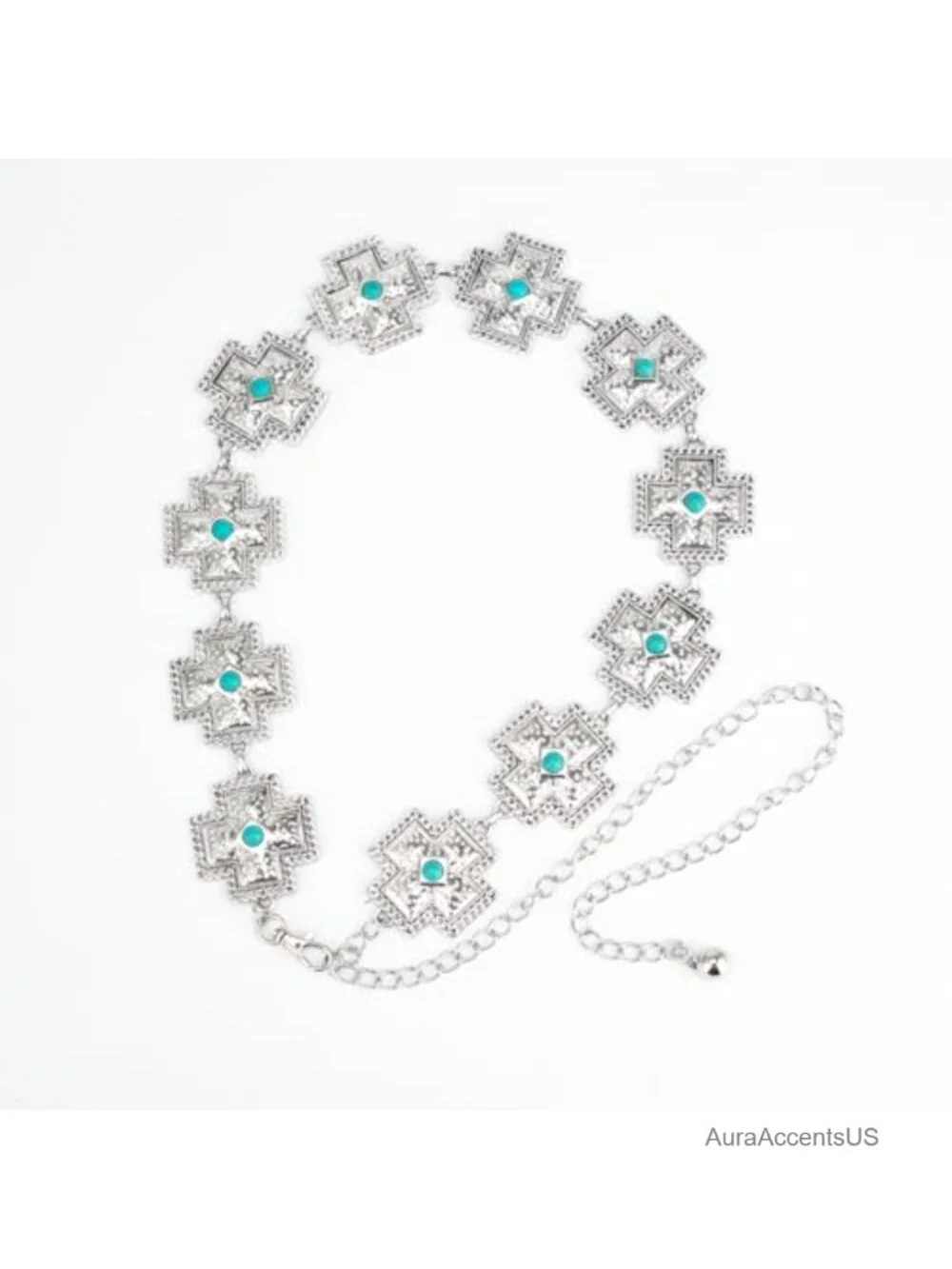 Zinc Alloy Metal Waist Chain Belt with Turquoise Stone Punk Concho Western